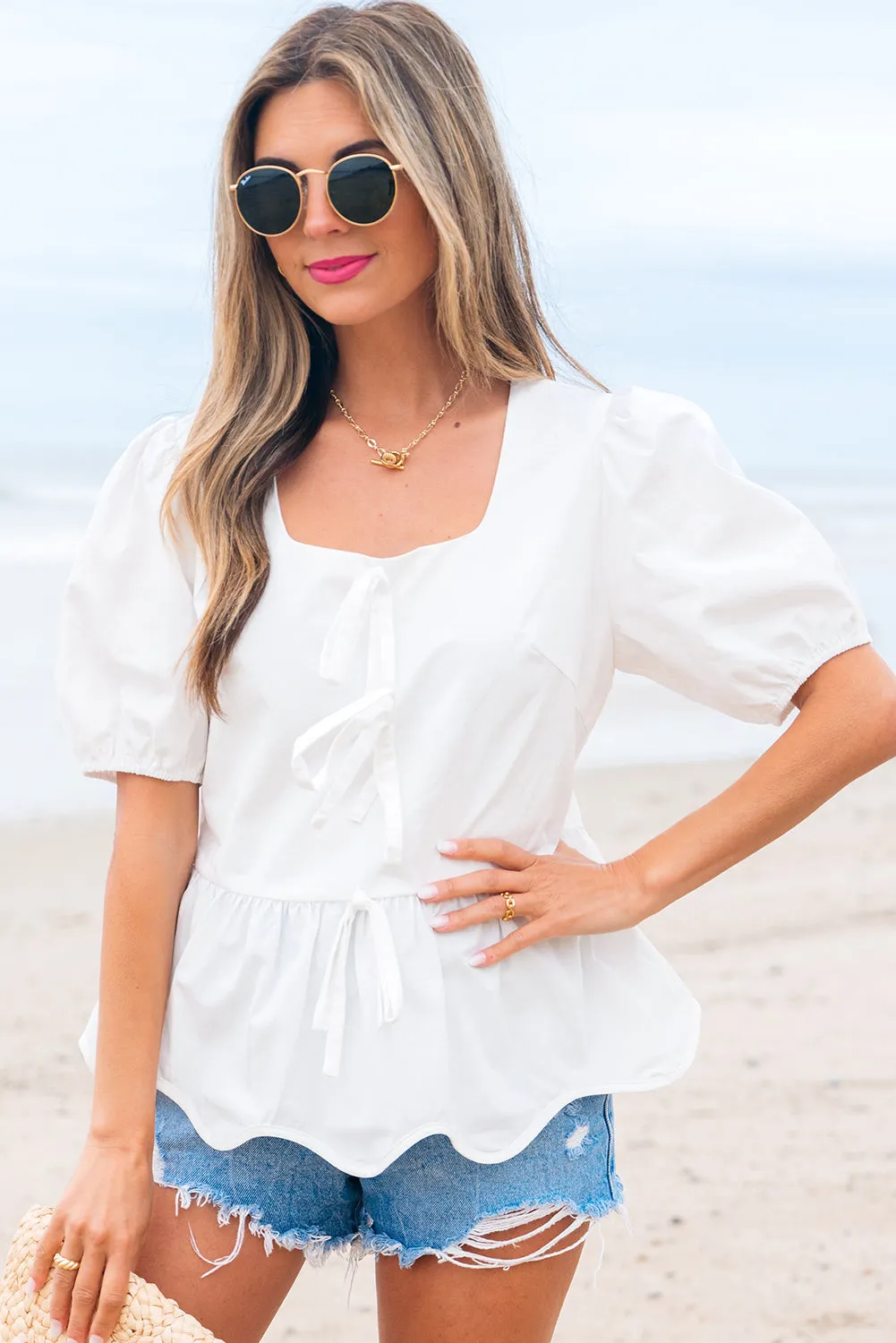 Anaiah Bow Knot Puff Sleeve Peplum Top sold by Threaded Pear product image thumbnail 4