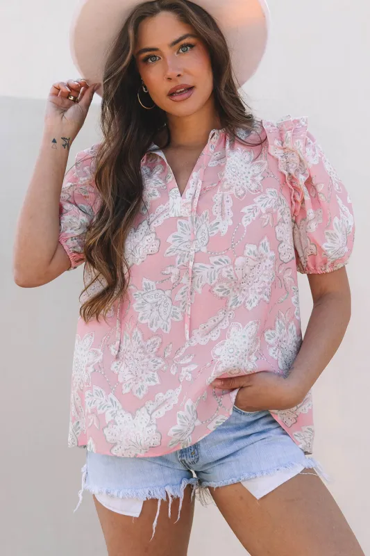 Cattleya Floral Drawstring V Neck Puff Sleeve Loose Blouse sold by Threaded Pear