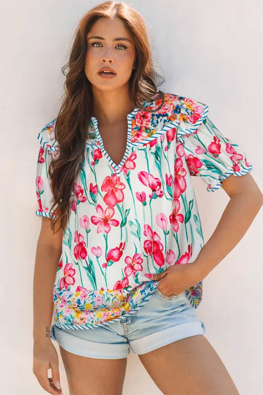 Greta Floral Split Neck Short Sleeve Blouse sold by Threaded Pear