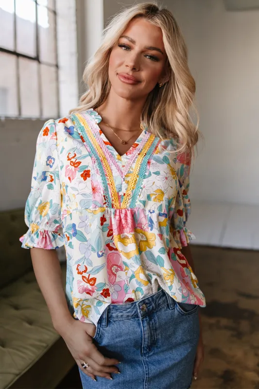 Solana Boho Flower Half Puff Sleeve Blouse sold by Threaded Pear