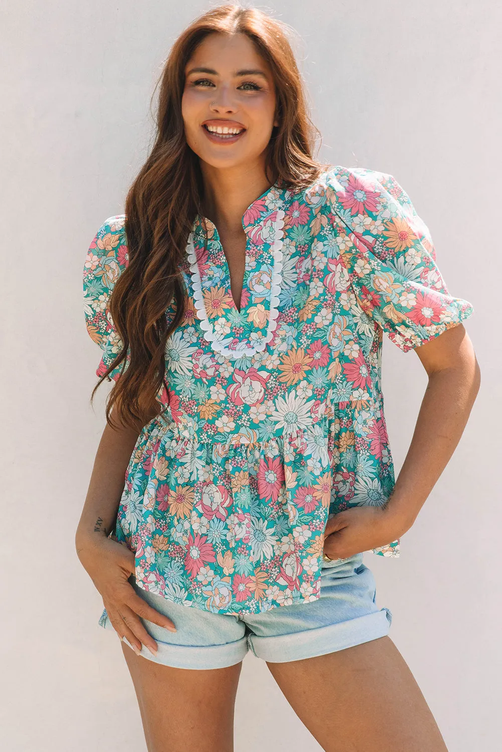 Amaris Notched Neck Puff Short Sleeve Floral Blouse sold by Threaded Pear