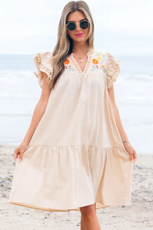 Meredith Embroidery Split Neck Short Dress sold by Threaded Pear