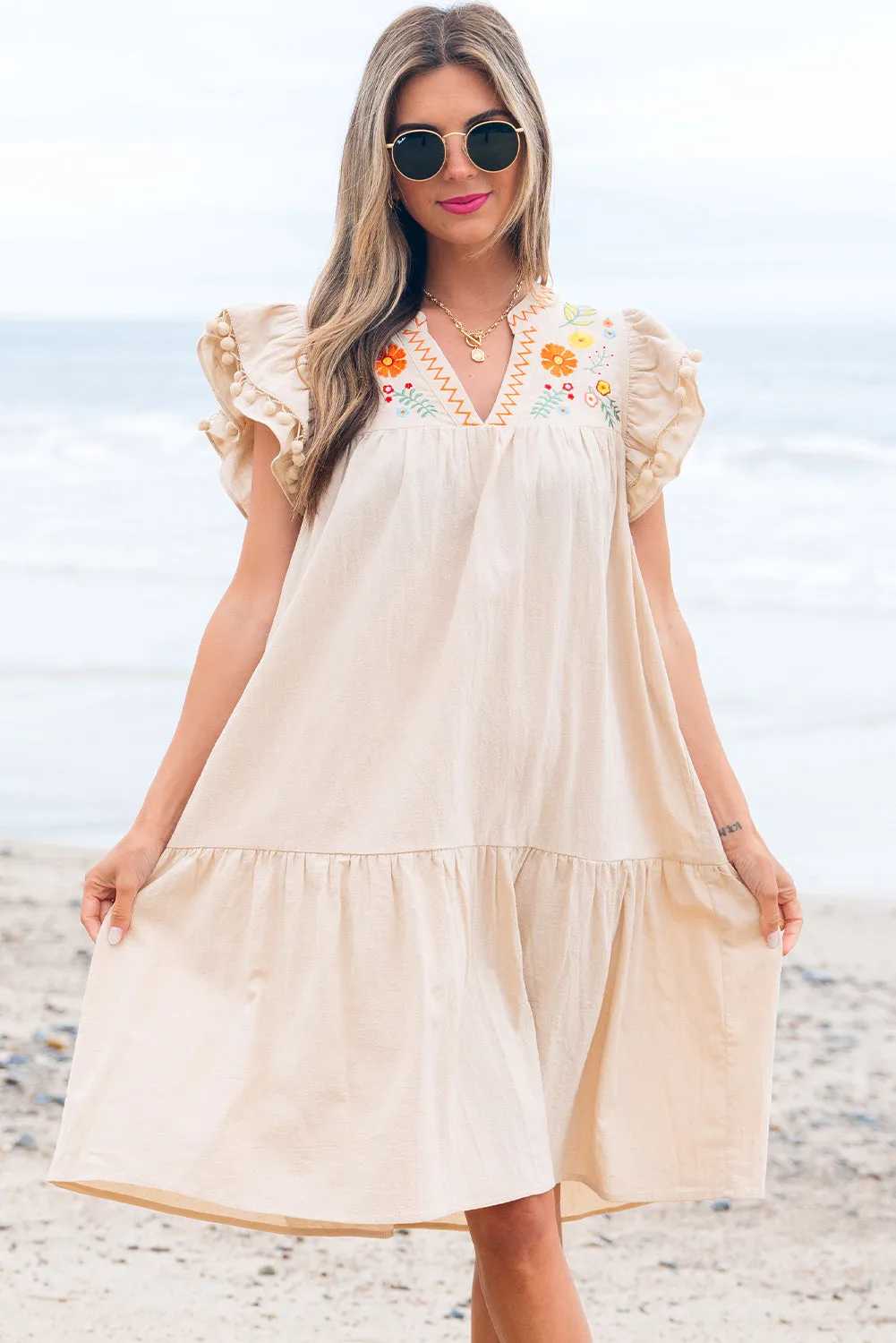 Meredith Embroidery Split Neck Short Dress sold by Threaded Pear