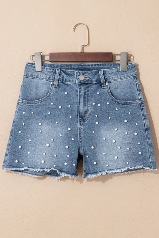 Amelie Pearl Beaded Raw Hem Medium Wash Denim Shorts made by Threaded Pear