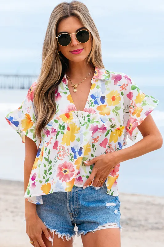 Liberty Floral Boxy Fit Ruffled Short Sleeve V Neck Blouse sold by Threaded Pear
