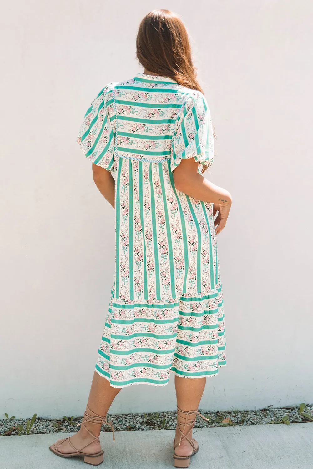 Billie Striped Floral Tie Split Neck Puff Sleeve Midi Dress sold by Threaded Pear product image thumbnail 2