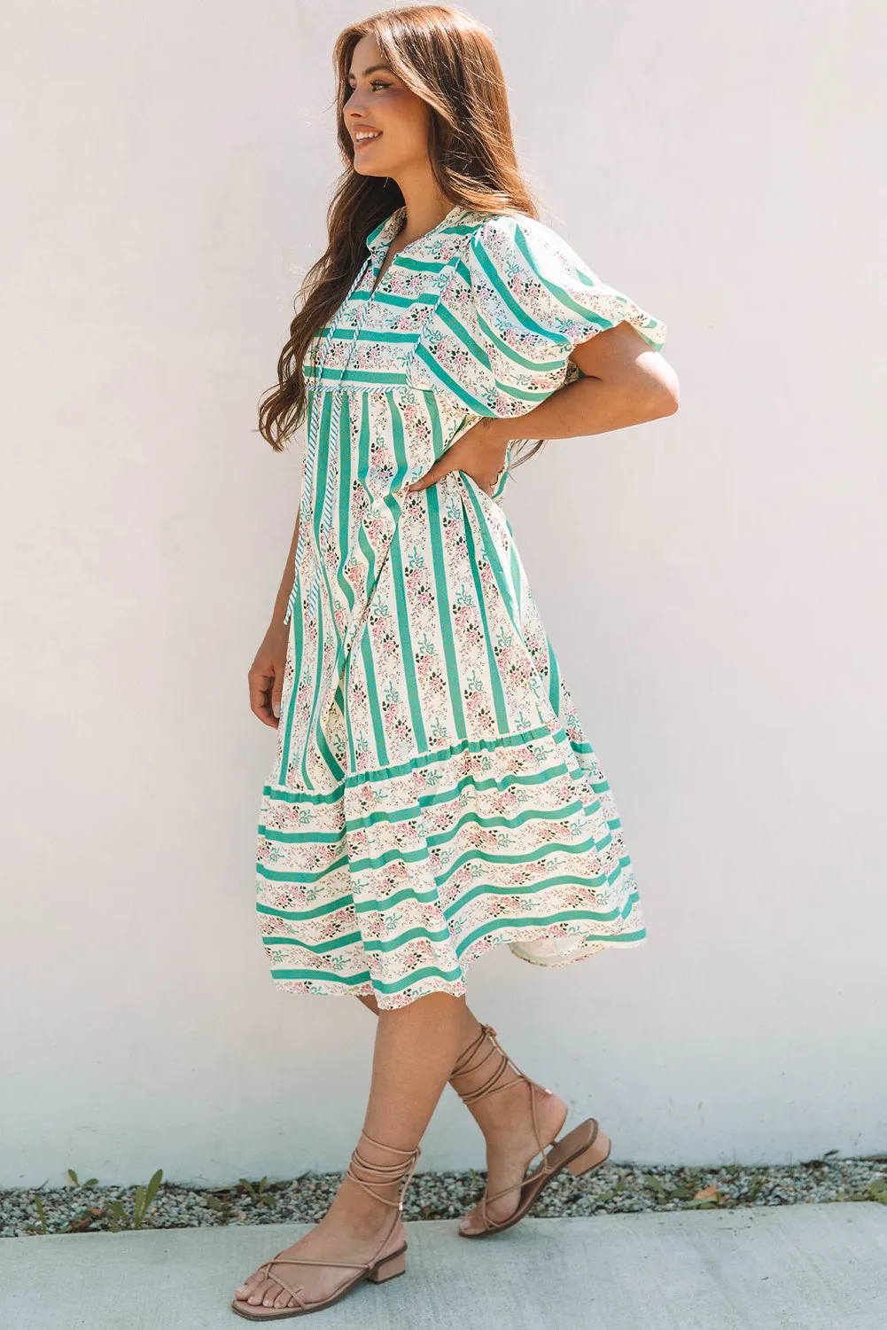 Billie Striped Floral Tie Split Neck Puff Sleeve Midi Dress sold by Threaded Pear product image thumbnail 3