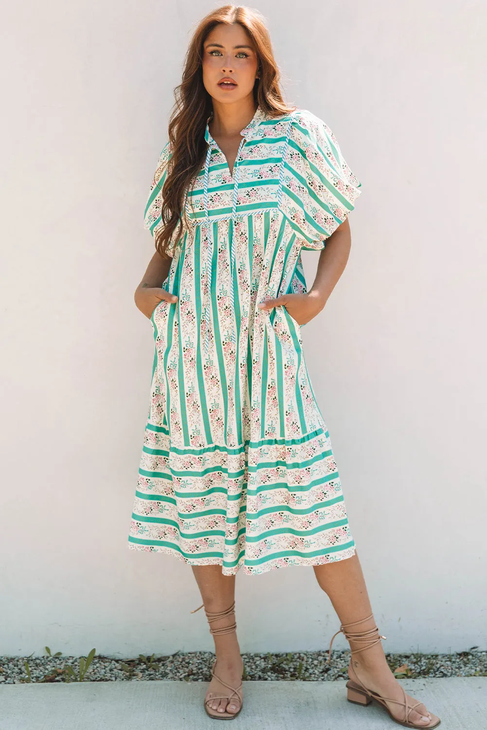 Billie Striped Floral Tie Split Neck Puff Sleeve Midi Dress sold by Threaded Pear