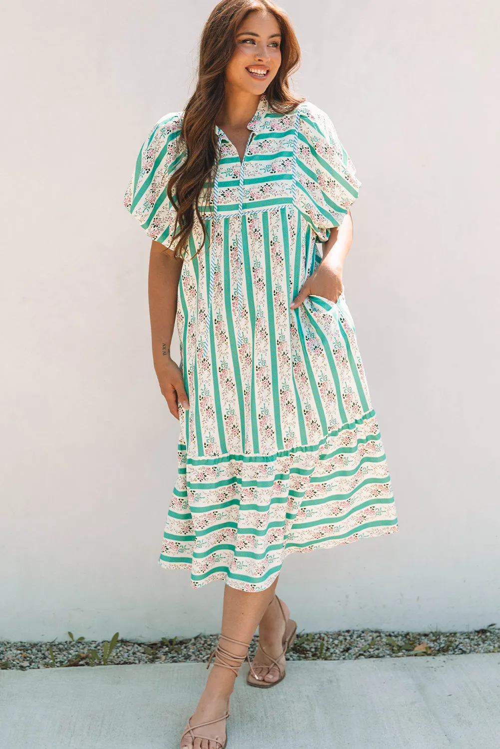 Billie Striped Floral Tie Split Neck Puff Sleeve Midi Dress sold by Threaded Pear product image thumbnail 4