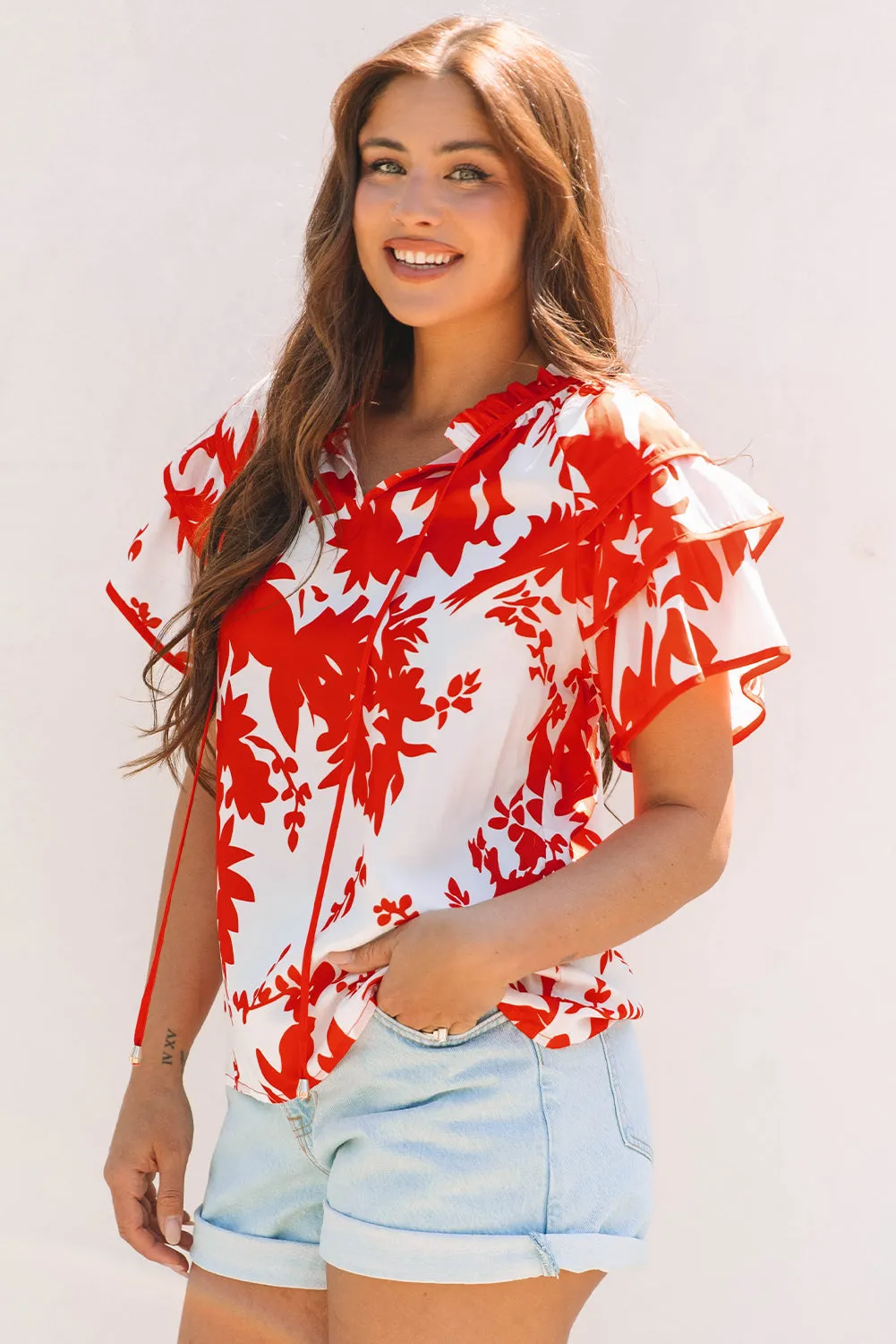 Zoya Tiered Ruffled Sleeve V Neck Blouse sold by Threaded Pear product image thumbnail 4