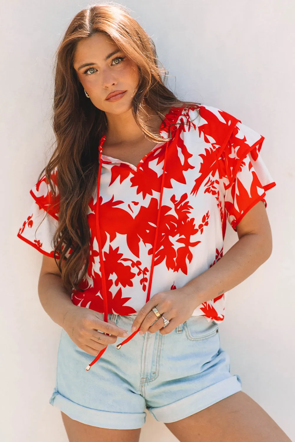 Zoya Tiered Ruffled Sleeve V Neck Blouse sold by Threaded Pear product image thumbnail 3