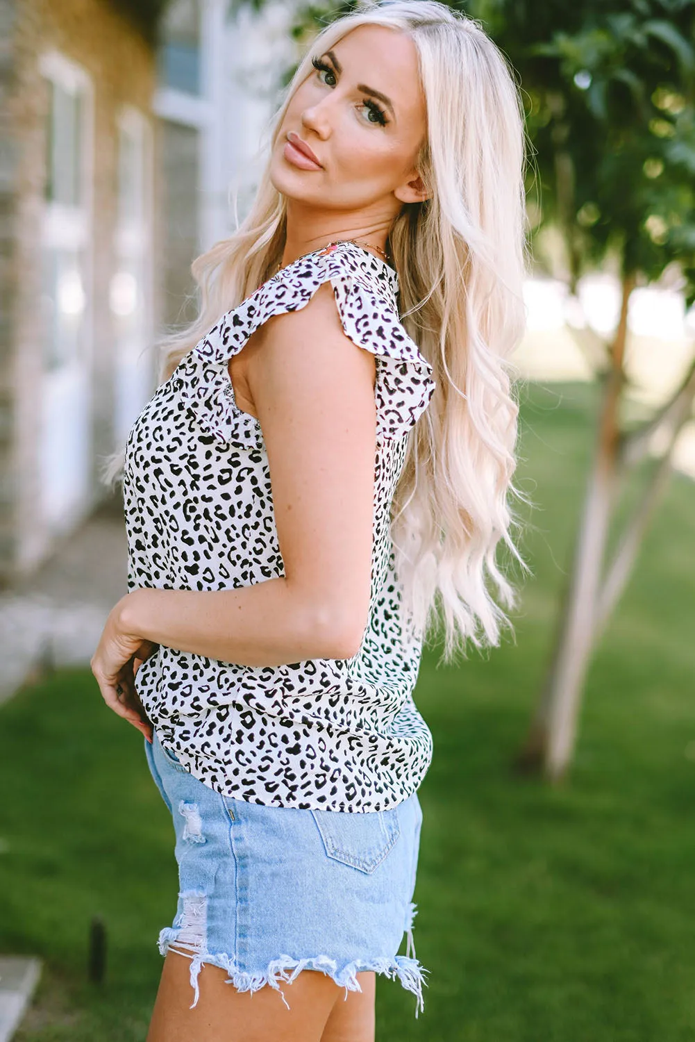 Malaya Leopard Ruffle Shoulder Sleeveless Top sold by Threaded Pear product image thumbnail 3