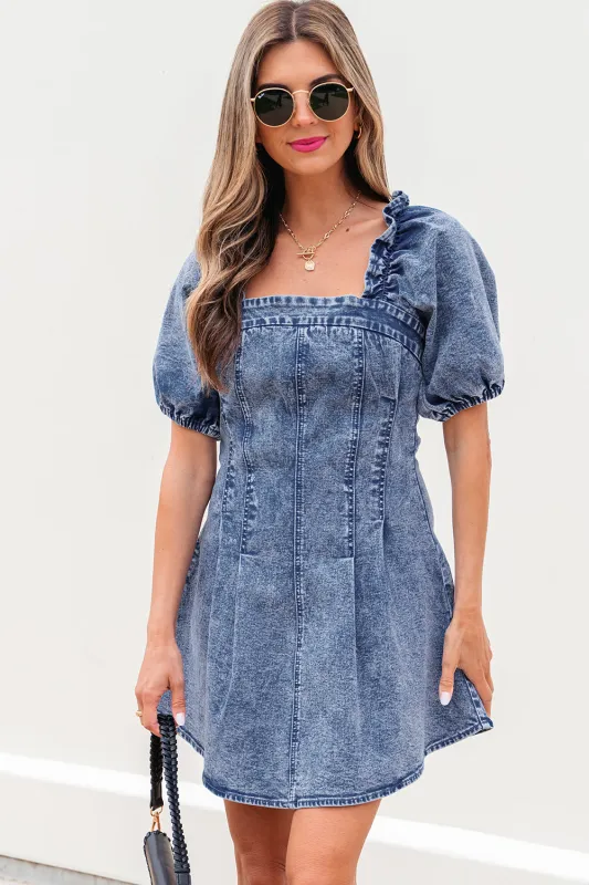 Celia Square Neck Bustier Puff Sleeve Short Denim Dress sold by Threaded Pear