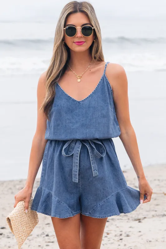 Aspyn Spaghetti Straps Ruffled Leg Chambray Romper sold by Threaded Pear