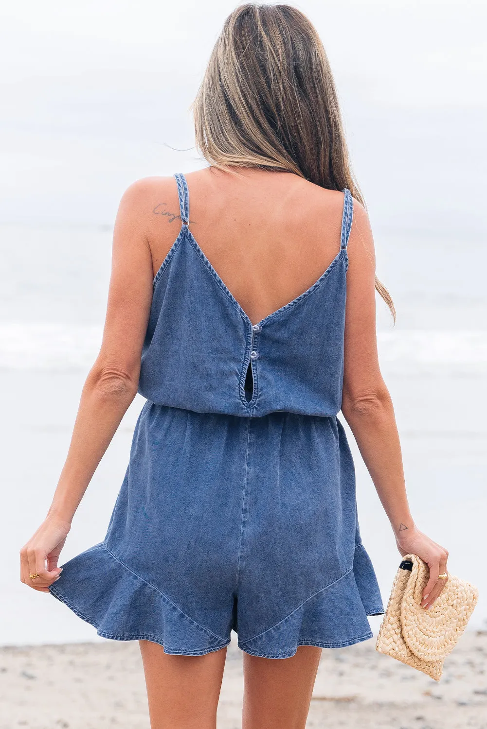Aspyn Spaghetti Straps Ruffled Leg Chambray Romper sold by Threaded Pear product image thumbnail 3