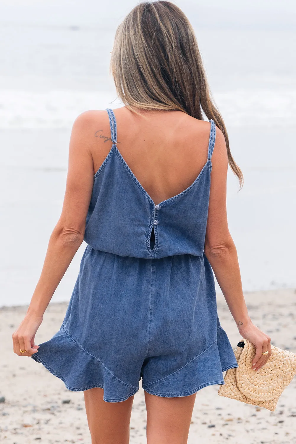 Aspyn Spaghetti Straps Ruffled Leg Chambray Romper sold by Threaded Pear product image thumbnail 2
