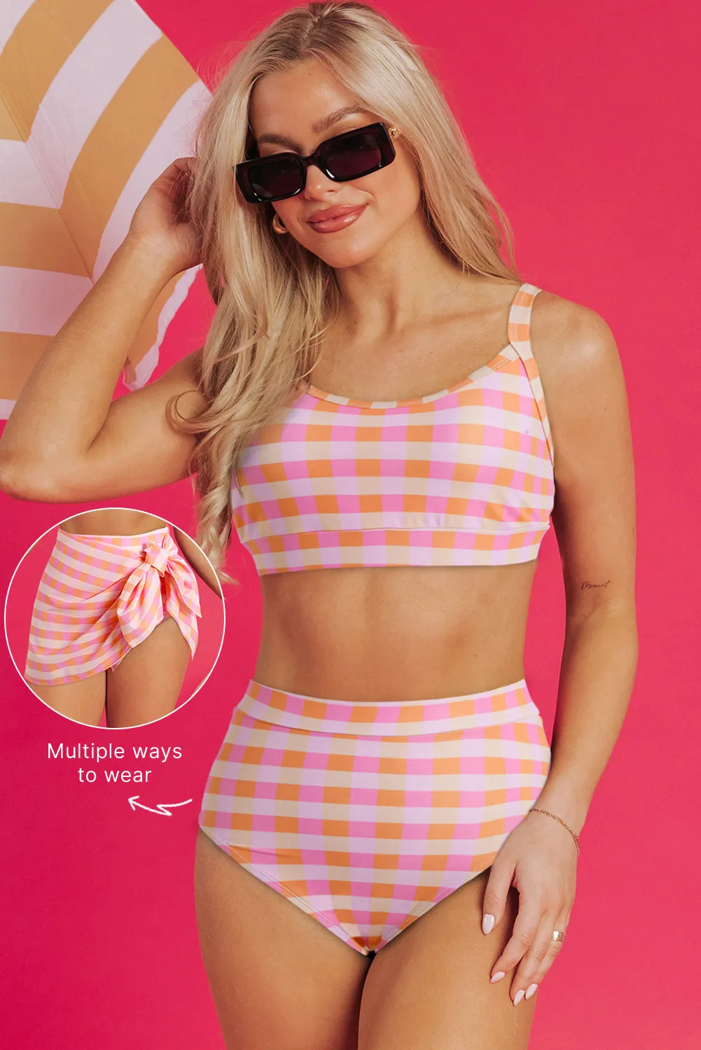 Azaria 3pcs Gingham High Waist Bikini & Sarong sold by Threaded Pear