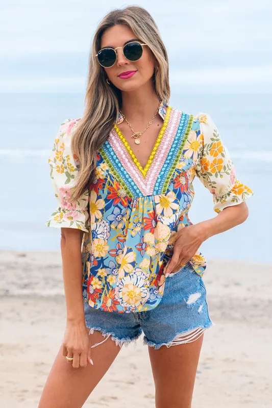 Gwen Crochet V Neck Boho Floral Blouse sold by Threaded Pear