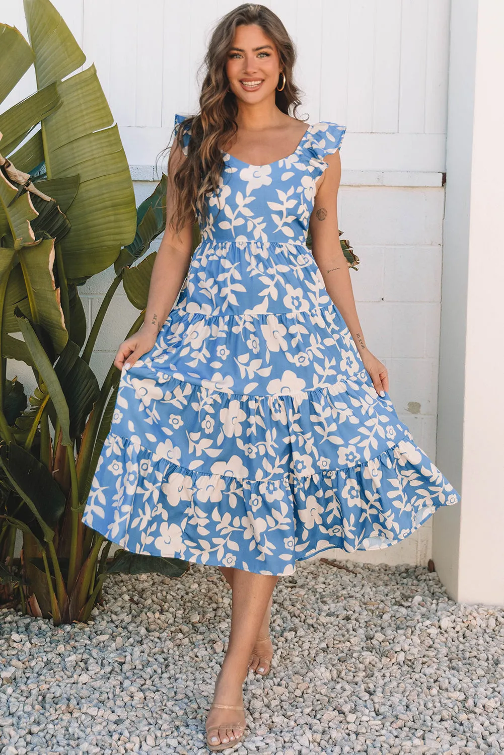Henley Floral U Neck Flutter Shoulder Tiered Midi Dress sold by Threaded Pear product image thumbnail 4