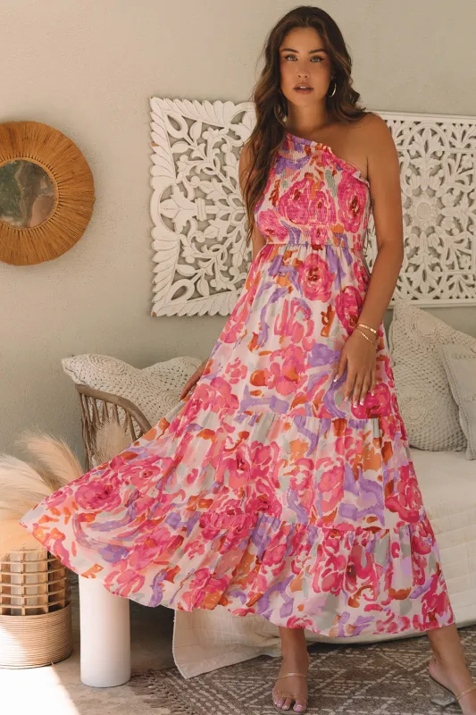 Malaysia Floral Print Shirred One Shoulder Maxi Dress sold by Threaded Pear