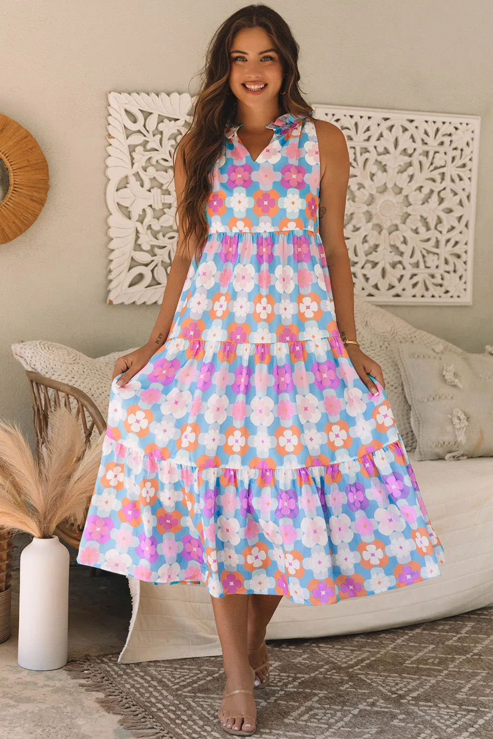 Lottie Floral Print Frilly Neck Sleeveless Tiered Maxi Dress sold by Threaded Pear product image thumbnail 4