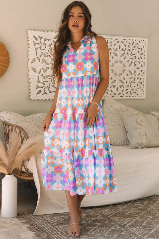 Lottie Floral Print Frilly Neck Sleeveless Tiered Maxi Dress sold by Threaded Pear