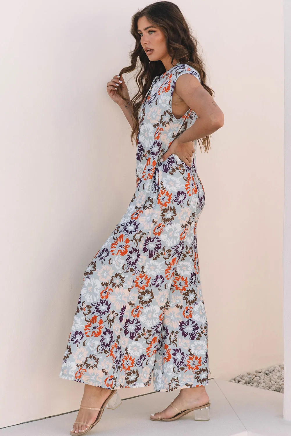 Kylee Floral Sleeveless Buttoned Wide Leg Jumpsuit sold by Threaded Pear product image thumbnail 3