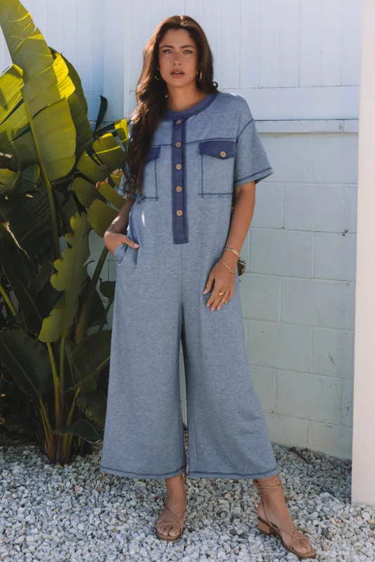 Emmie Half Placket Chest Pockets Wide Leg Jumpsuit sold by Threaded Pear