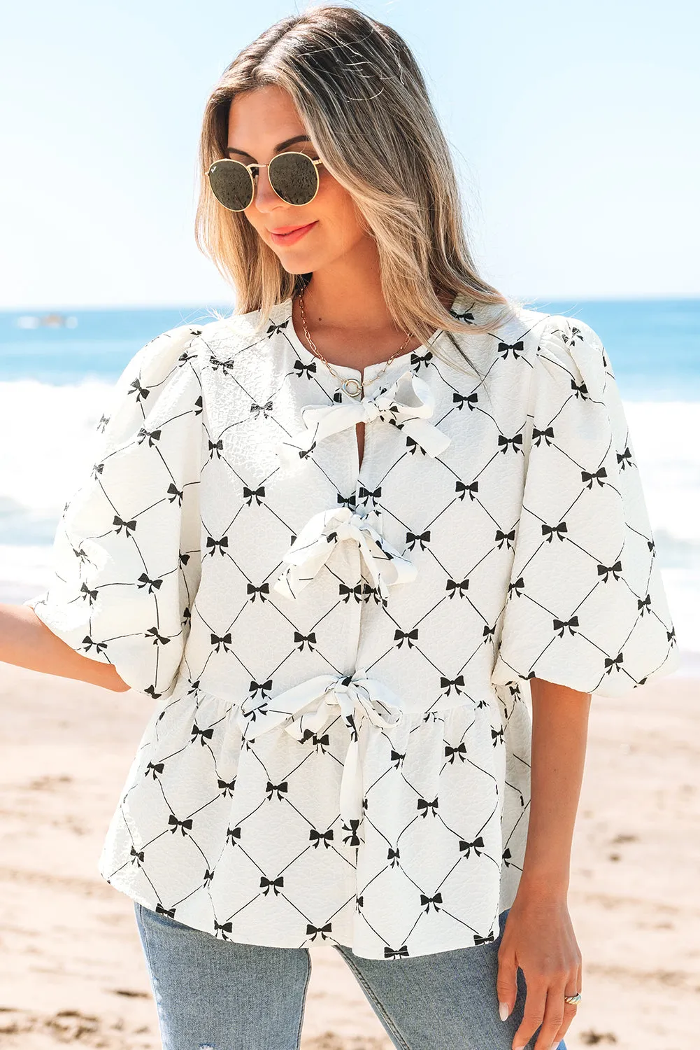 Ezra Bowknot Print Front Knots Bubble Sleeve Blouse sold by Threaded Pear product image thumbnail 4