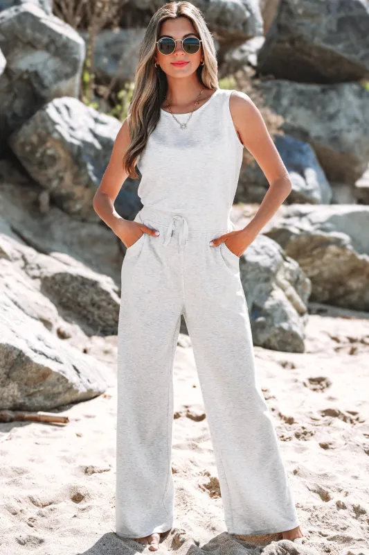 Addilyn Crew Neck Drawstring High Waist Sleeveless Jumpsuit made by Threaded Pear