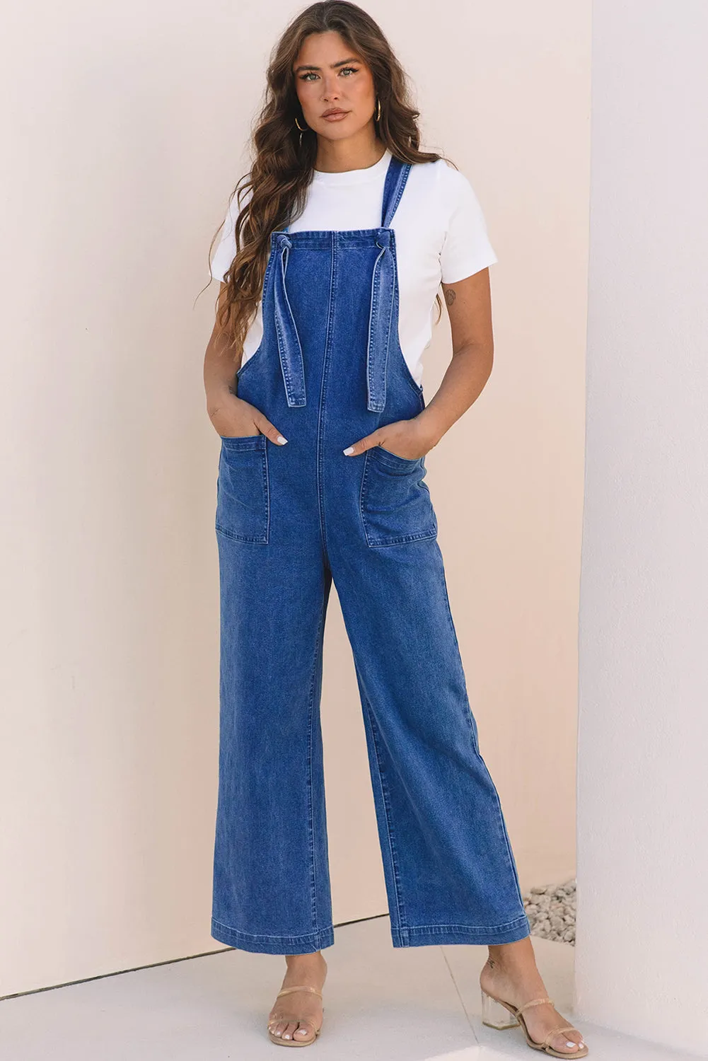 Elodie Knotted Strap Wide Leg Denim Overalls sold by Threaded Pear