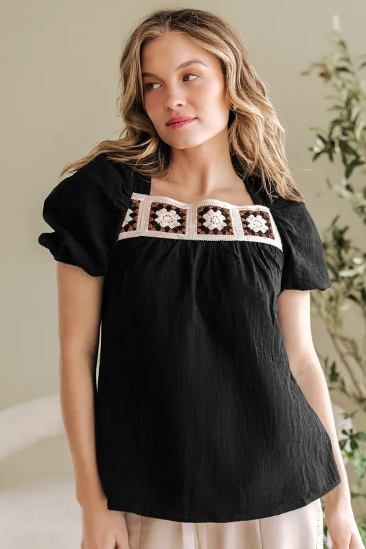 DAVINA CROCHET SQUARE NECK TEXTURED SHORT SLEEVE BLOUSE sold by Threaded Pear