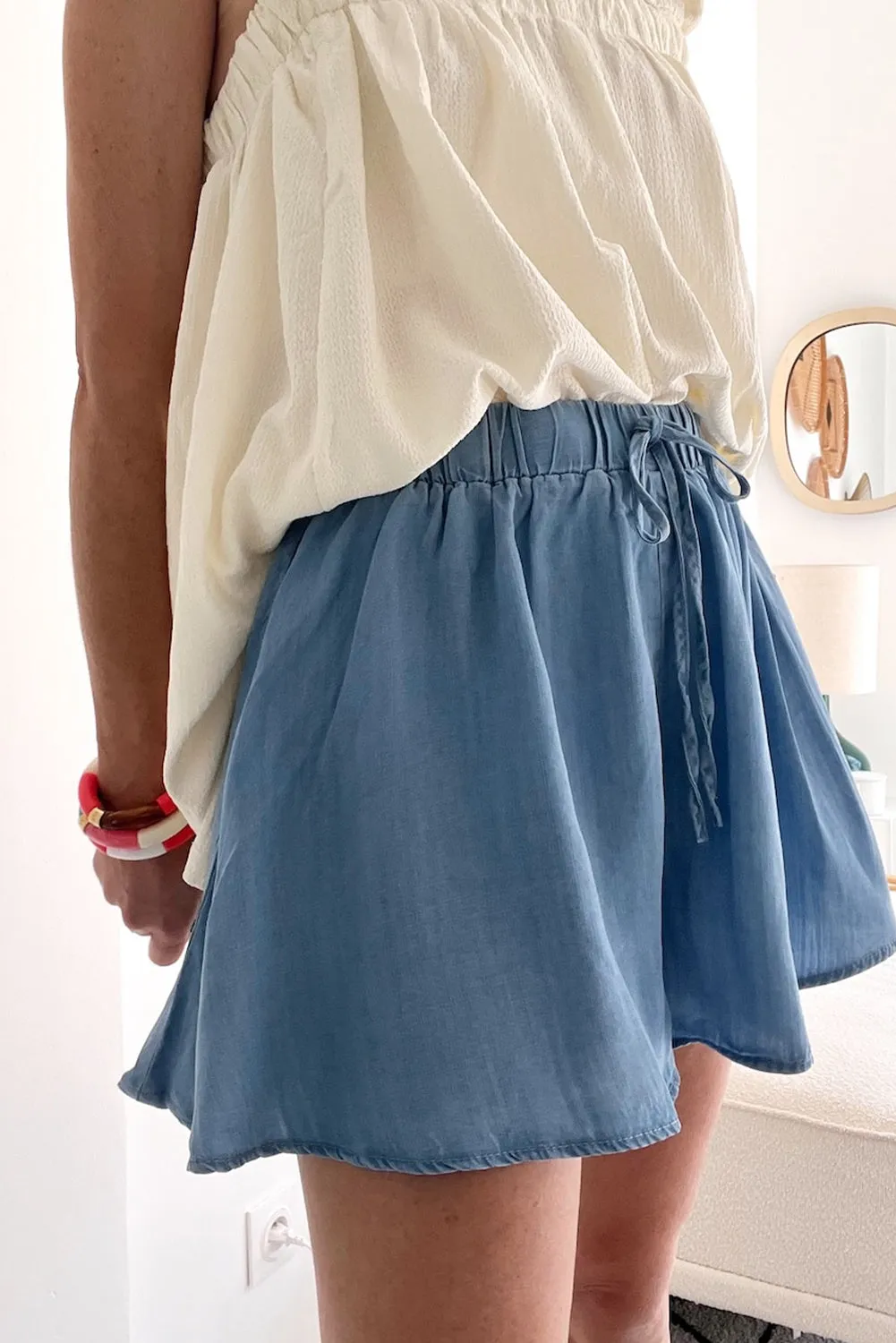 Reina Drawstring Elastic Waist Denim Shorts sold by Threaded Pear