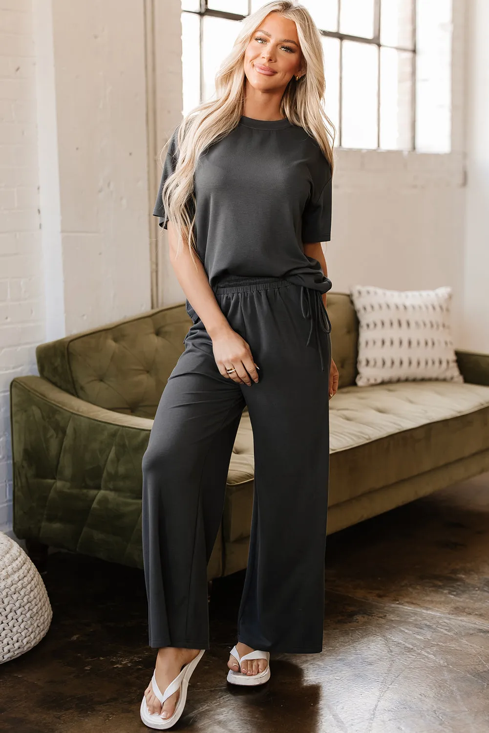 Dallas Drawstring Side Crewneck Tee and Loose Pants Set sold by Threaded Pear