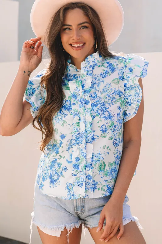 Tiana Floral Ruffle Sleeve Button Up sold by Threaded Pear