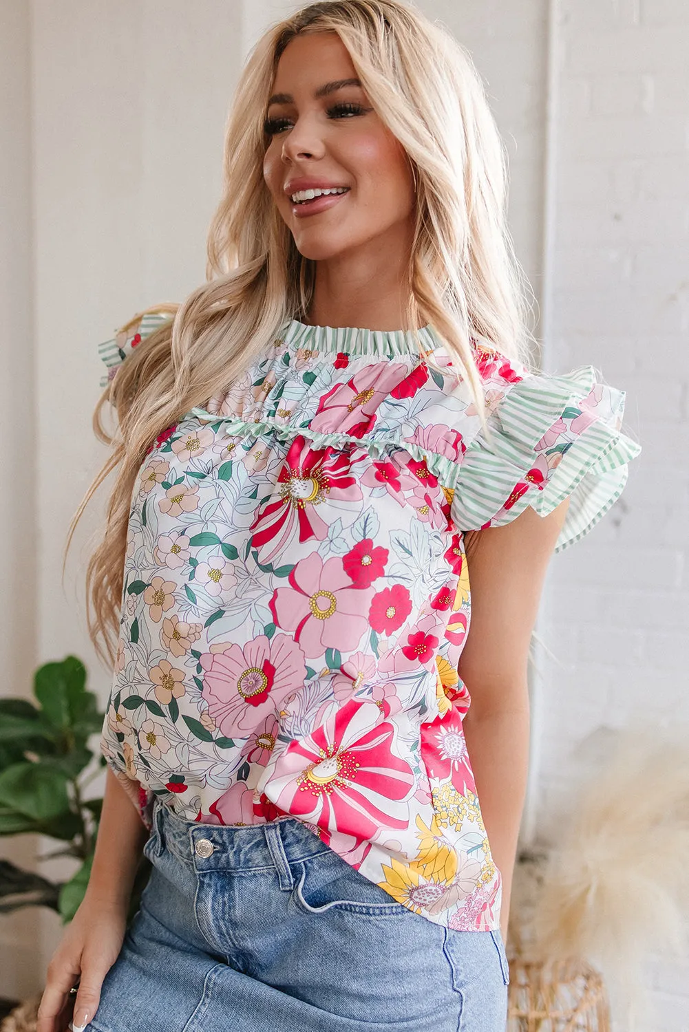 Anne Floral Ruffle Trim Short Sleeve Blouse sold by Threaded Pear product image thumbnail 3