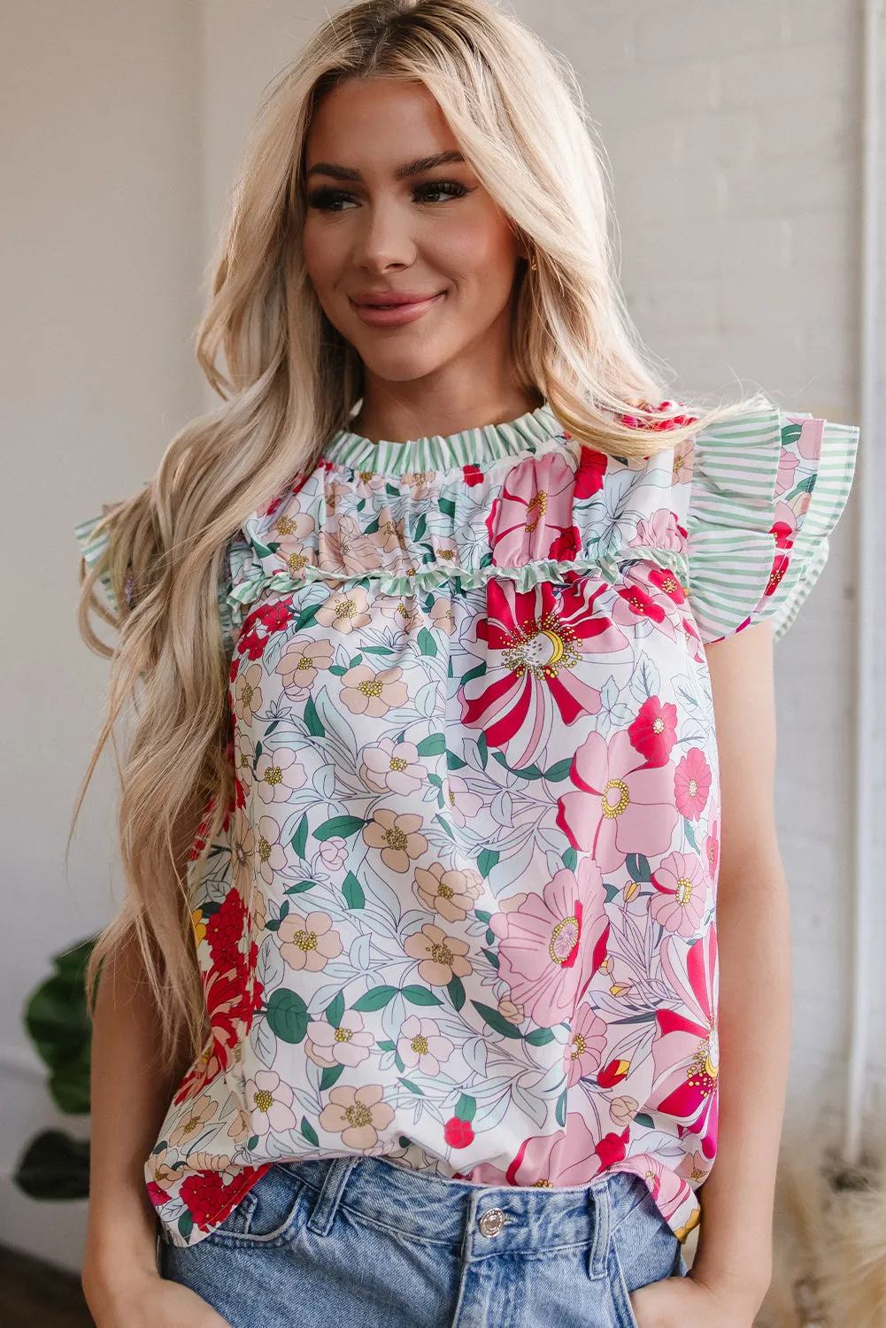 Anne Floral Ruffle Trim Short Sleeve Blouse sold by Threaded Pear product image thumbnail 4