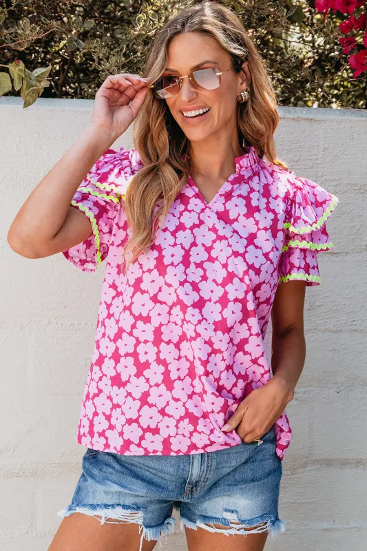 Capri Floral Ric Rac Ruffle Sleeve Blouse sold by Threaded Pear