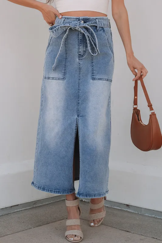 Ariah High Waist Midi Denim Skirt sold by Threaded Pear