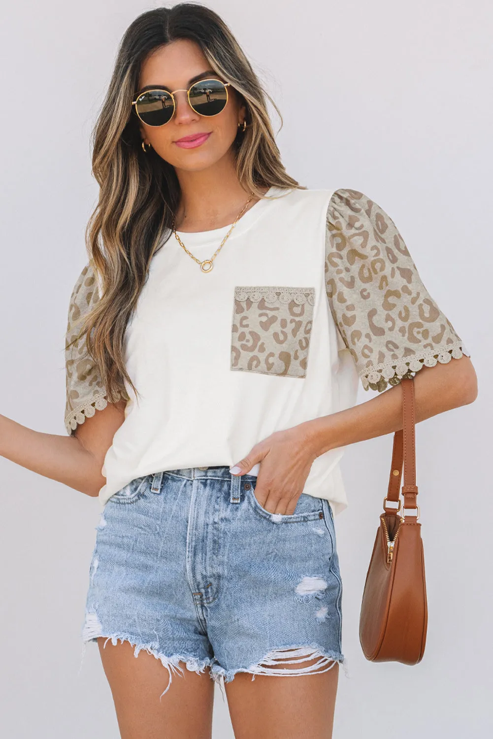 Leona Leopard Lace Trim Puff Sleeve Top sold by Threaded Pear
