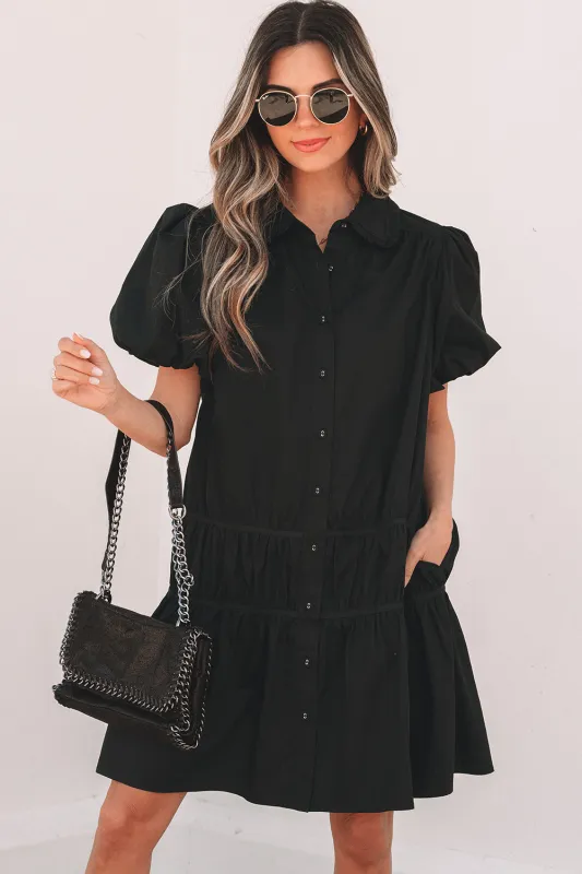 Cassidy Button Down Puff Sleeve Ruffle Hem Dress sold by Threaded Pear