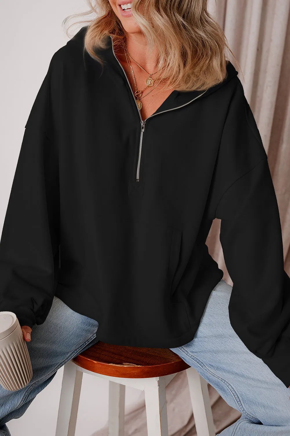 Kate Fleece Lined Half Zipper Kangaroo Pockets Loose Hoodie sold by Threaded Pear product image thumbnail 4