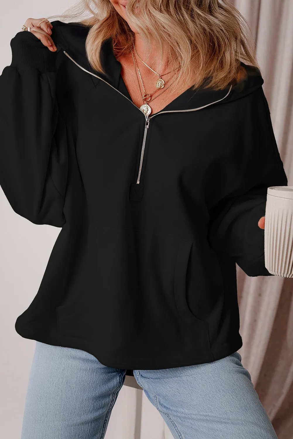 Kate Fleece Lined Half Zipper Kangaroo Pockets Loose Hoodie sold by Threaded Pear product image thumbnail 3