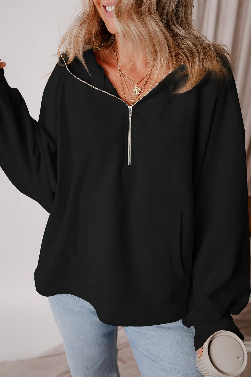 Kate Fleece Lined Half Zipper Kangaroo Pockets Loose Hoodie sold by Threaded Pear product image thumbnail 5