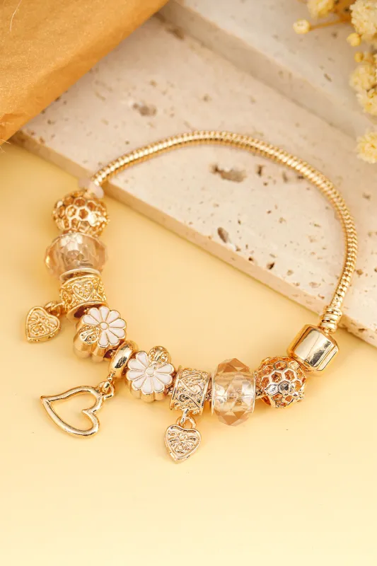 Gold Flower Heart Charm Plated Alloy Bracelet sold by Threaded Pear