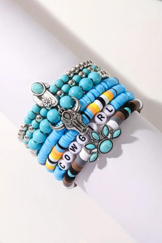 Light Blue 7pcs Boho Turquoise Beaded Bracelet Set sold by Threaded Pear