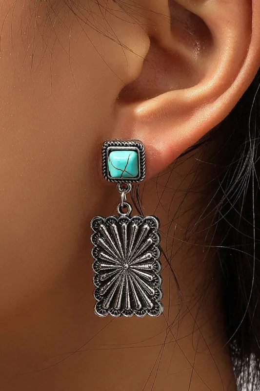 Silvery Retro Western Geometric Turquoise Stud Earrings sold by Threaded Pear