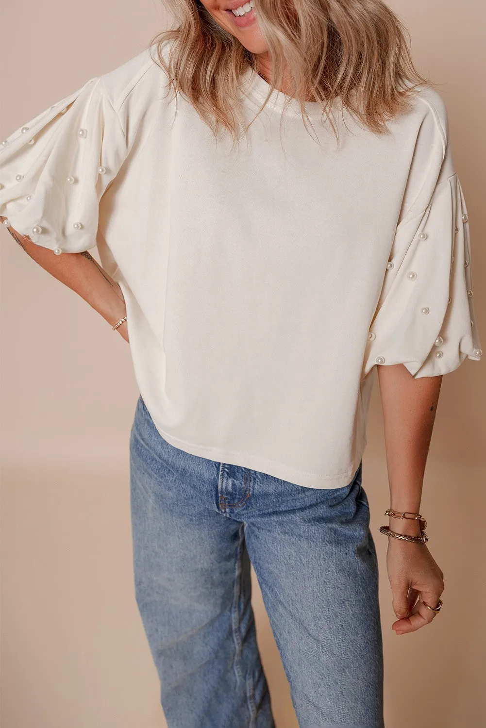 Sylvia Pearled Puff Sleeve Loose Top sold by Threaded Pear