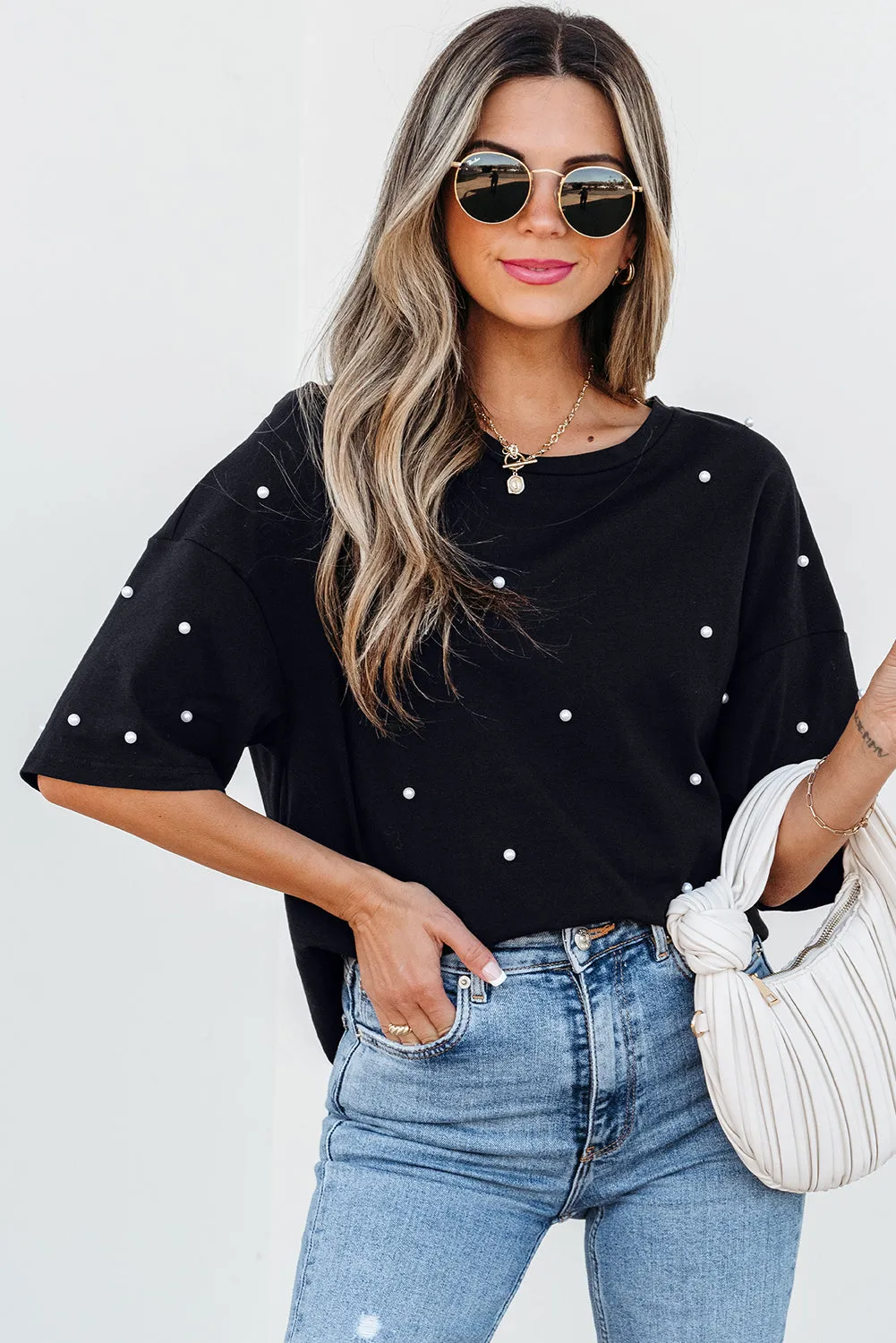 Demi Pearl Beaded Drop Shoulder Crewneck Top sold by Threaded Pear