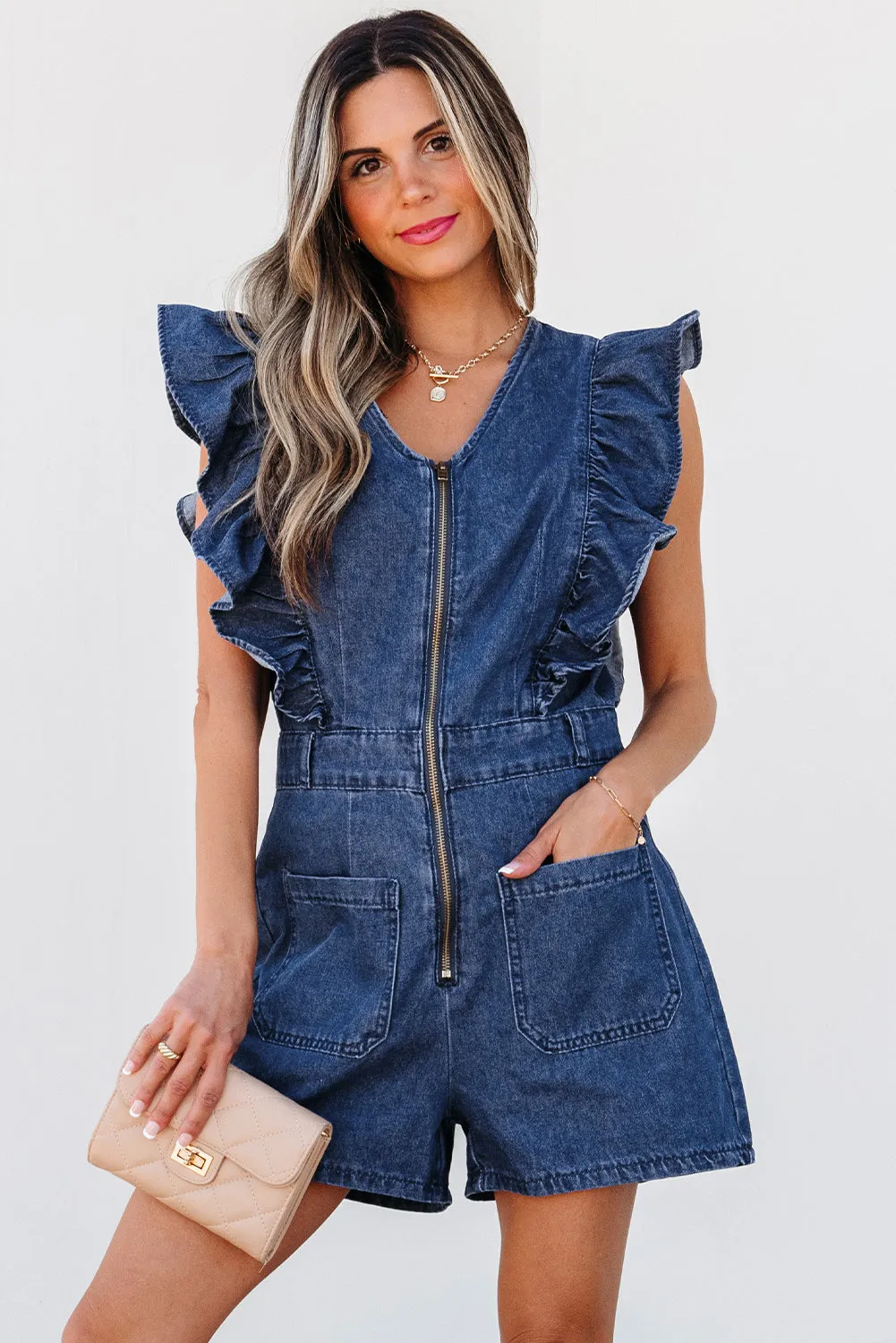 Amora Denim Ruffled Zipped Front Belted Romper sold by Threaded Pear product image thumbnail 4